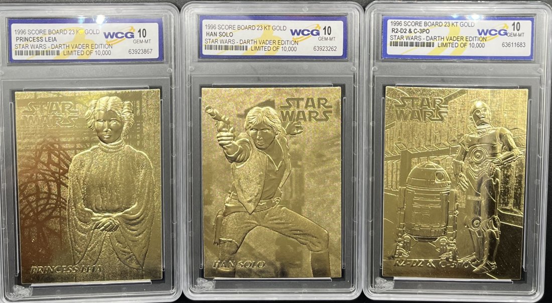 Han Solo Star Wars Limited Edition Cards: (3) three cards. 1996 Han Solo Star Wars Darth Vader Limited Edition, 1996 R2-d2 C-3po and 1996 Princess Leia Star Wars Limited edition Star Wars cards