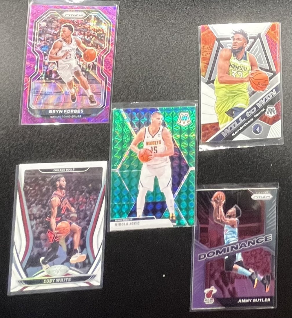 Nikola Jokic Bryn Forbes Cards: 2020 Prizm Jimmy Butler, 2019 Karl Anthony Towns, 2020 Bryn Forbes , 2019 Nikola Jokic And Coby White basketball cards