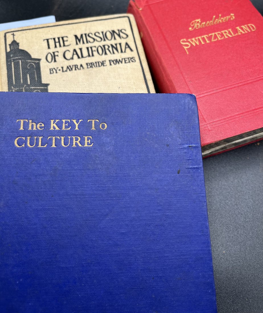 1900th Books: (3) three books. 1903 The Missions Of California , 1922 Switzerland by Karl Baedeker and 1921 The Key To Culture by Paul T. Gilbert