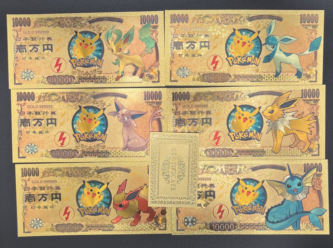 Pokemon Bills: Pokemon gold plated foil bills , total of 6 bills different pokemons .