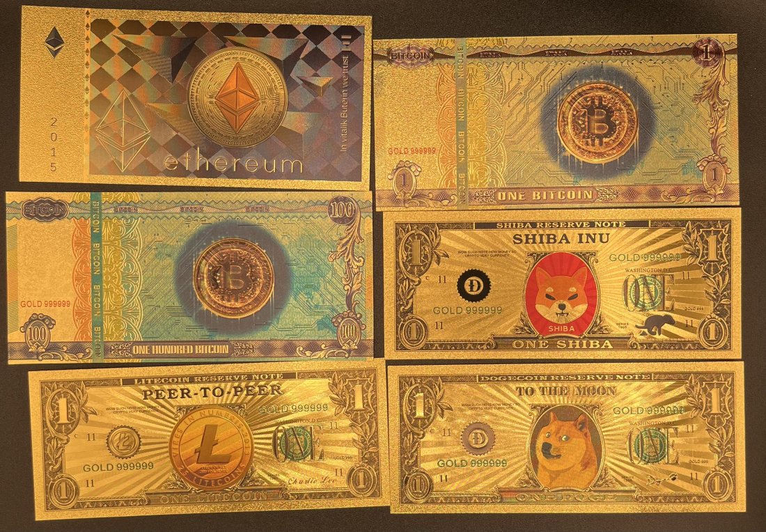 Ethereum Dogecoin Bitcoin Shiba Inu Collection: Bitcoin , ethereum , Dogecoin , Shiba Inu , litecoin Gold plated bill total of 6 bills