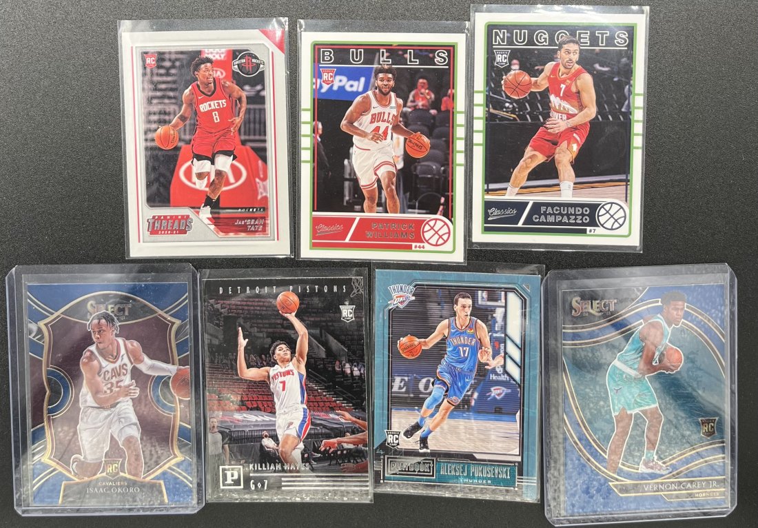 Basketball Rookie Cards: (7) seven basketball cards, Vernon Carey Jr , Isaac Okoro , Killian Hayes , Tate , Aleksej , Patrick Williams and facundo Campazzo