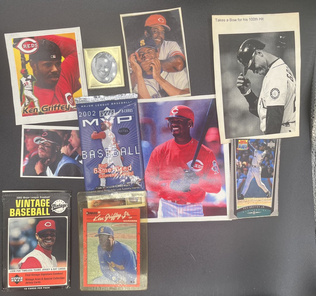 Ken Griffey Jr And Nolan Ryan Collection: Ken Griffey magazines , cards , open packages with cards inside and Nolan ryan and Walter Johnson color master