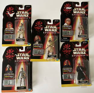 Star Wars Figures: (5) five 1998 Star Wars Action Figures episode 1 , darth Maul , c-3po , Obi-Wan Kenobi , Qui-Gon Jinn and Anakin Skywalker factory sealed