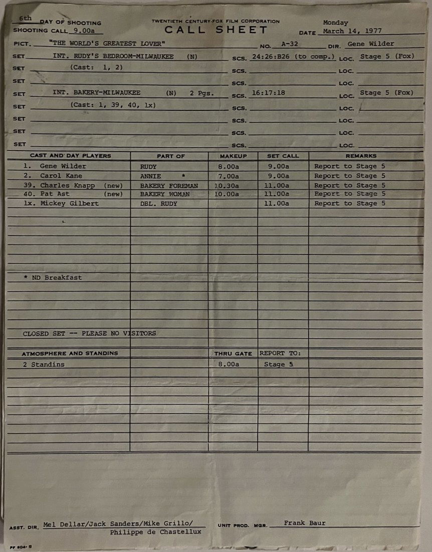 1977 The World Greatest Lover Call Sheet (1 of 4)