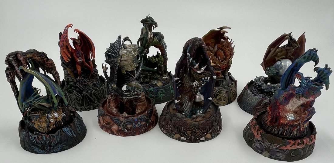 Franklin Mint Michael Whelan Dragon Figurines: (8) eight FRANKLIN MINT MICHAEL WHELAN DRAGON DREAM LIMITED EDITION DRAGON FIGURINE , one of the dragon has a glass cover broke. Dragon inferno Limited edition , dragon Wish Limited Edition, Dragon La