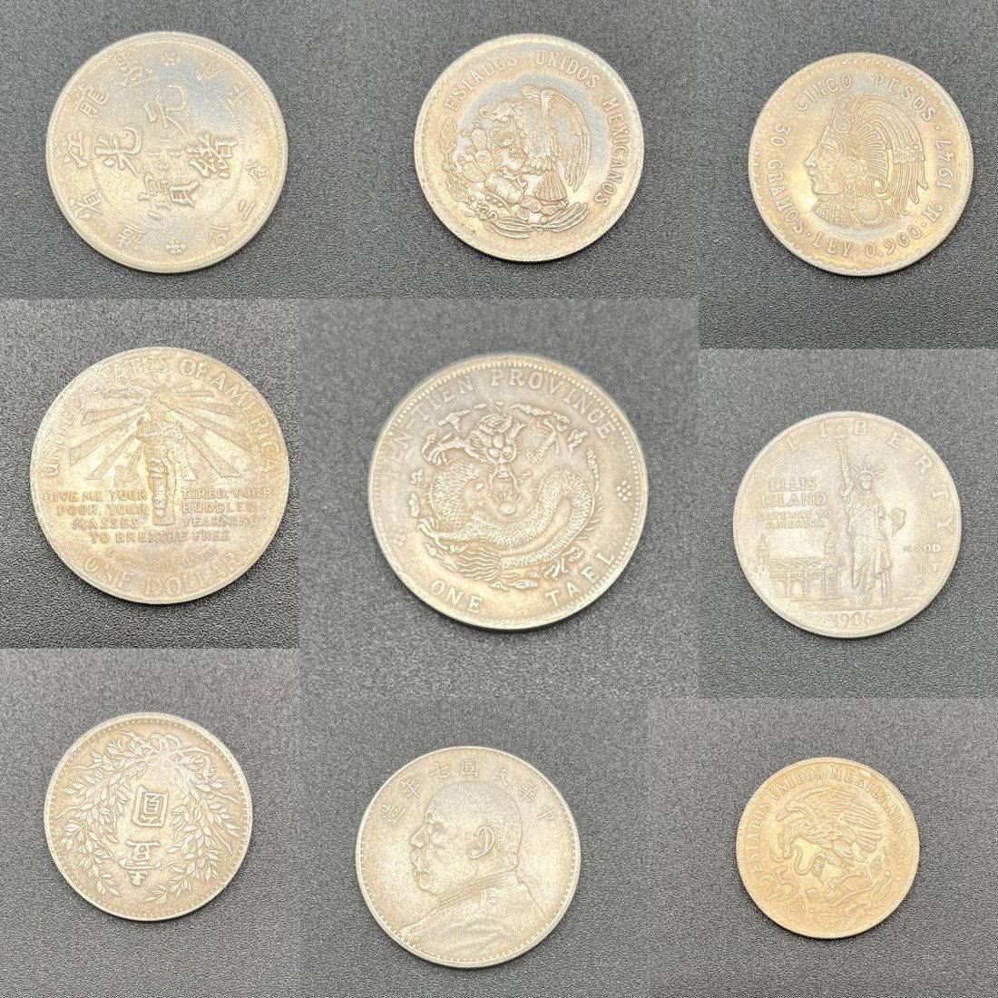 1947 Cinco Pesos, Chinese One Tael Coin , Liberty Coin And More: (5) five coins total. 1947 Cinco Pesos, Chinese One Tael Coin , one dollar Liberty Coin And More it did not pass for silver using magnet silver test , it does not come with COA , selling themAs novelt