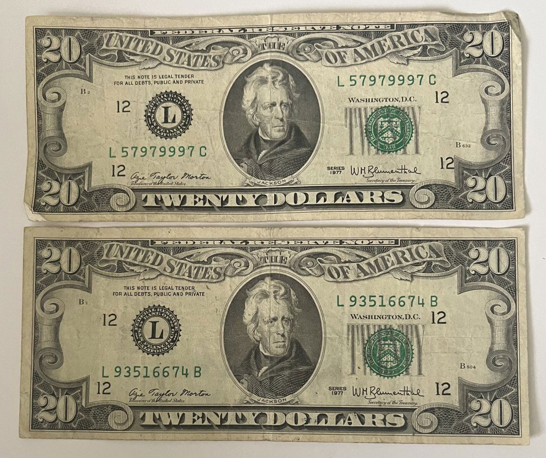 1977 Twenty Dollar Bills: (2) two 1977 Twenty Dollar Bills