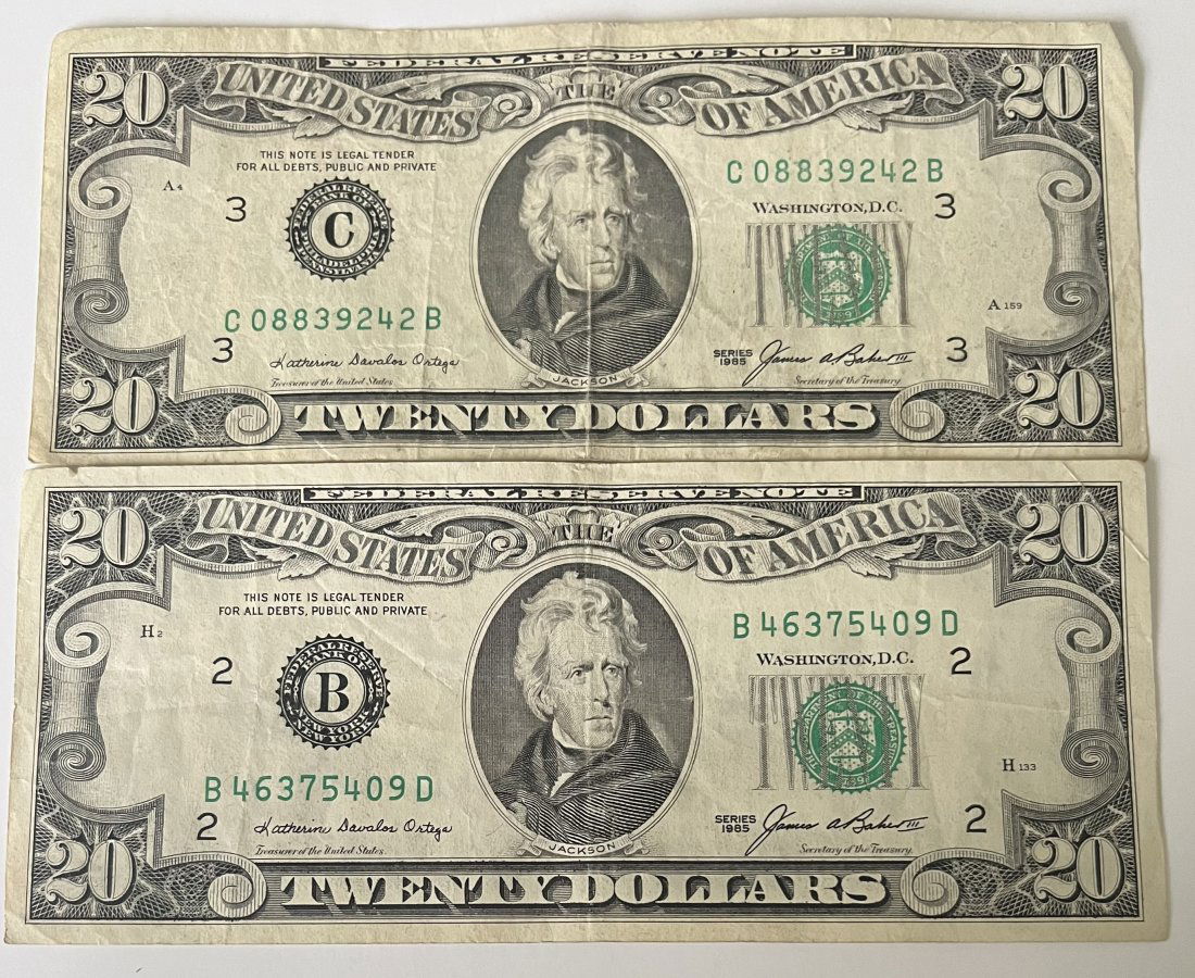 1985 Twenty Dollar Bills: (2) two 1985 Twenty Dollar Bills