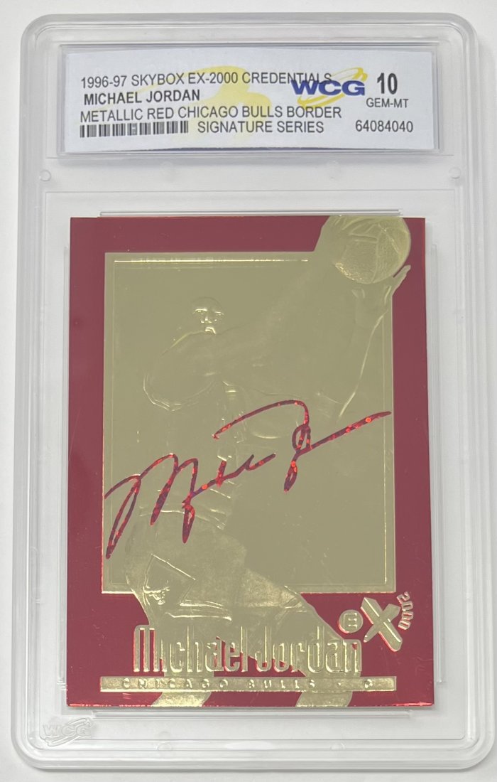 1996 Michael Jordan Signature Series: 1996 Skybox Michael Jordan metallic red Chicago bulls border signature series Mint 10 basketball card