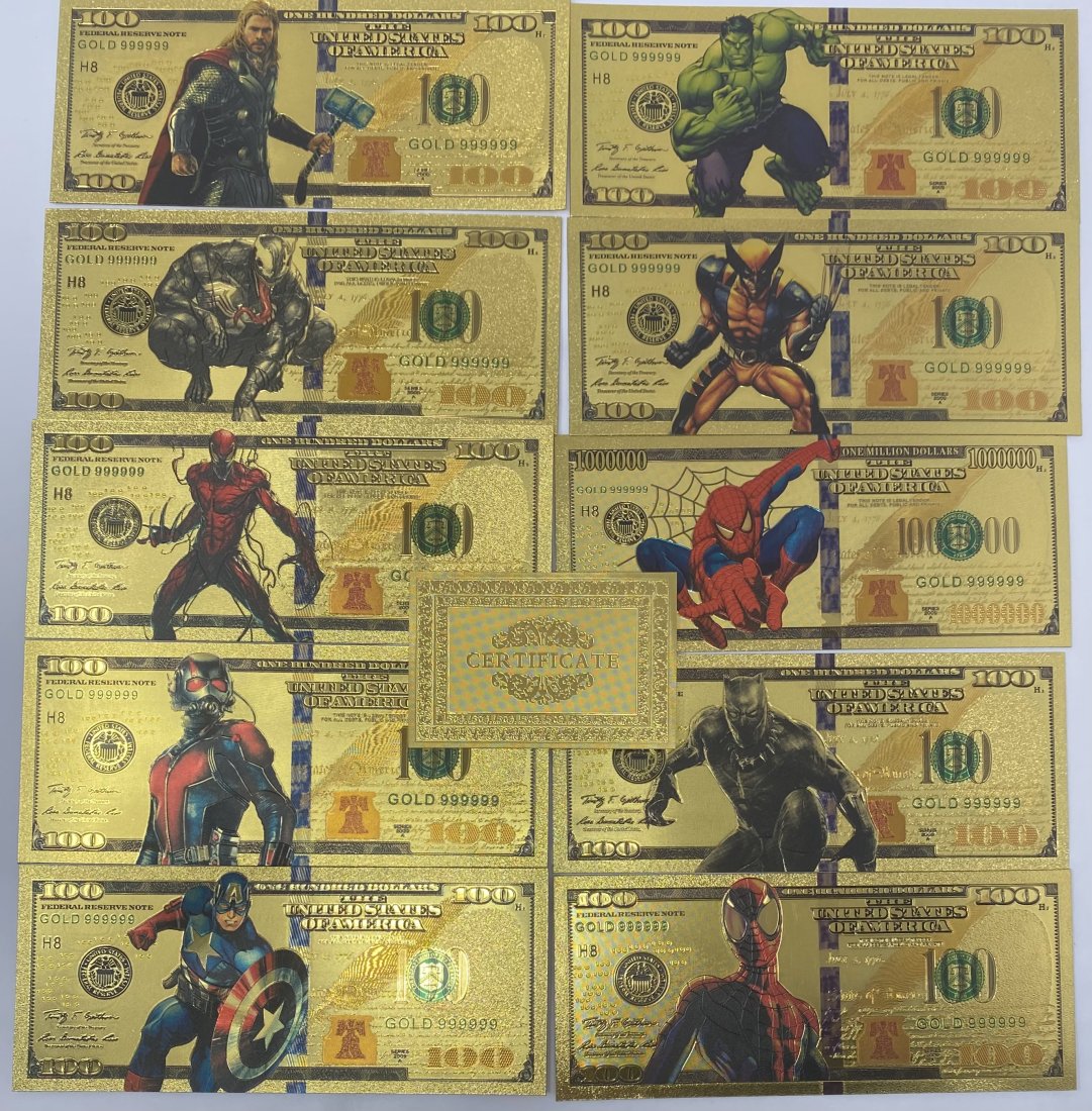 Hulk, Spider-Man , Black Panther, Thor Collection: Hulk, Spider-Man , Black Panther, Thor, Captain America and more bills Collection with certificate
