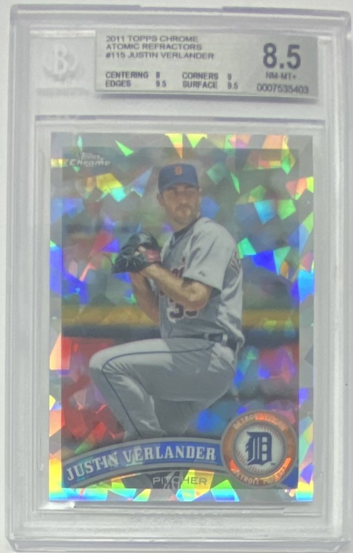 Justin Verlander Refractor Numbered /223 BGS Card: 2011 Topps Chrome Refractor Justin Verlander /223 BGS Mint 8.5 baseball card