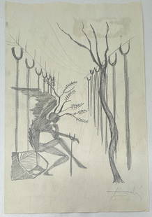 Salvador Dali Drawing: Salvador Dali Drawing drawing signed and stamped and label on the back . Attributed or in the Manner of Salvador Dali .