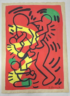 Keith Haring 1958-1990: Keith Haring Mixed Media painting, size approx 8 x 11 inches signed and stamped . Attributed or in the Manner of Keith