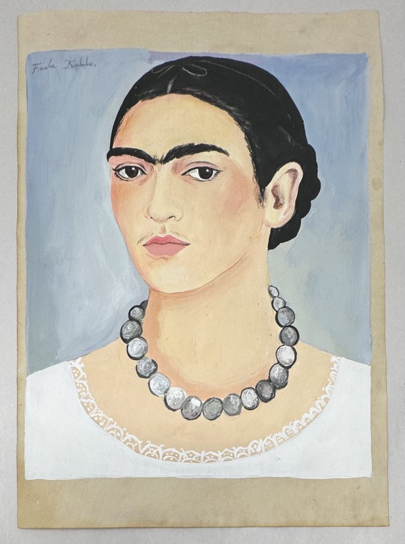 Frida Kahlo: Frida Kahlo Mixed Media painting, size approx 8 x 11 inches signed and stamped . Attributed or in the Manner of Frida Kahlo .