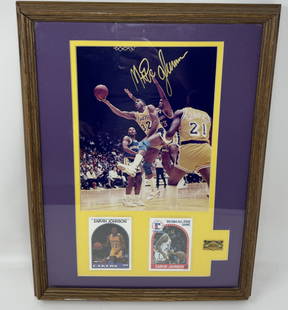 Magic Johnson Cards, lakers Pin And Autographed Photo Framed: Magic Johnson Cards, lakers Pin And Autographed Photo Framed With COA on the back