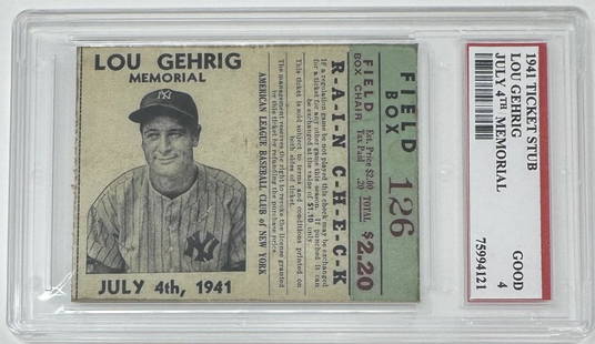 1941 Lou Gehrig Ticket RP: Look Alike Ticket: 1941 Lou Gehrig Ticket In Slab