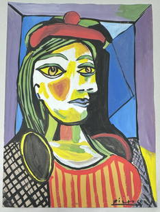 Pablo Picasso Painting: Pablo Picasso painting in the manner of Pablo Picasso Hand signed and stamped on the back size: Approx 9x11 inches