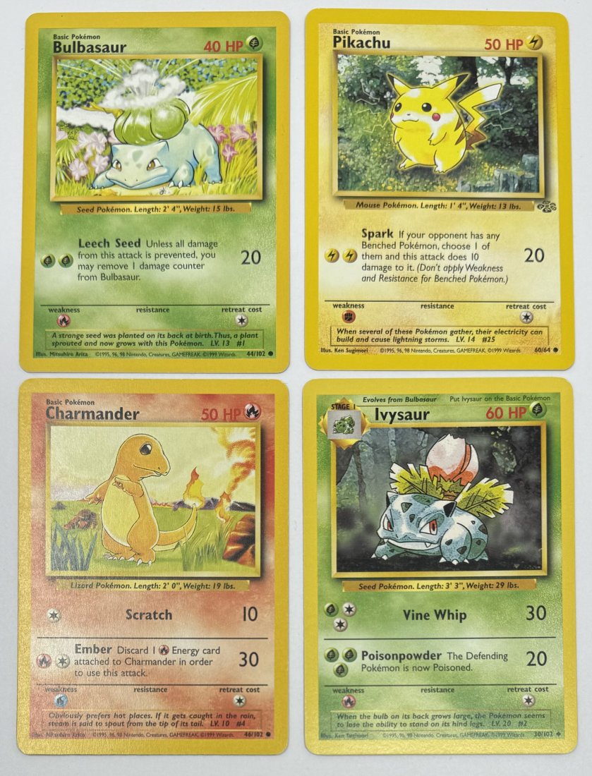 1999 pikachu, Bulbasaur, Charmander and Ivysaur Pokemon Cards (1 of 2)