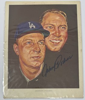 Johnny Podres Vintage Poster Autographed And 1993 Ticket
