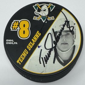 Teemu Selanne And Paul Kariya Signed Autographed Puck