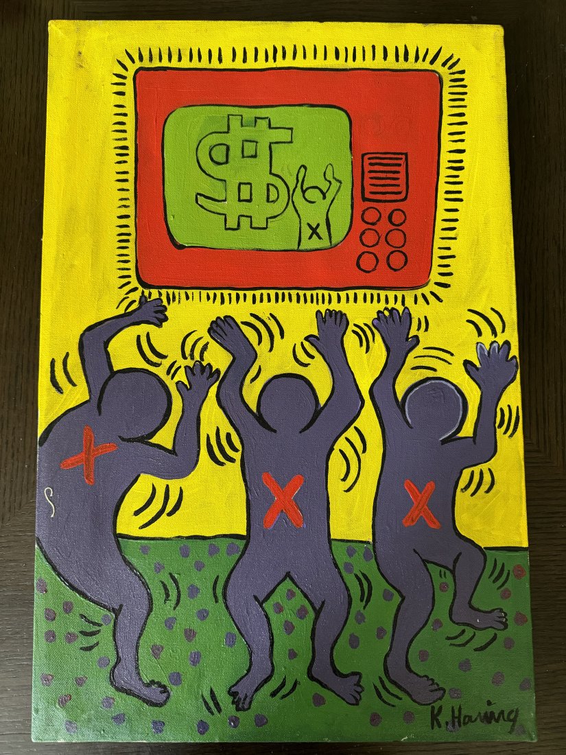 Keith Haring Oil Painting: Keith Haring Oil Painting on canvas signed and stamped on the back (1893-1983, Spanish). This item is being offered as In The Manner Of The Artist or In The Style Of The Artist. Size: 16 x 24 inches