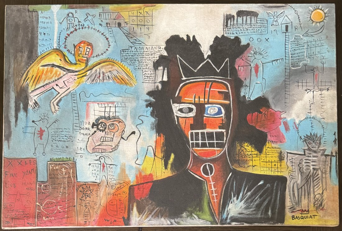 Jean Michel Basquiat Oil Painting: Jean Michel Basquiat Oil Painting on canvas signed and stamped on the back (1893-1983, Spanish). This item is being offered as In The Manner Of The Artist or In The Style Of The Artist.