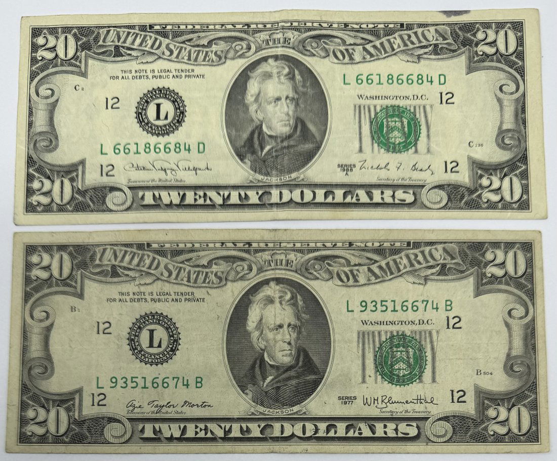 1977 And 1988 Series 20 Dollar Bill: (2) two 1977 and 1988 Series 20 Dollar Bill