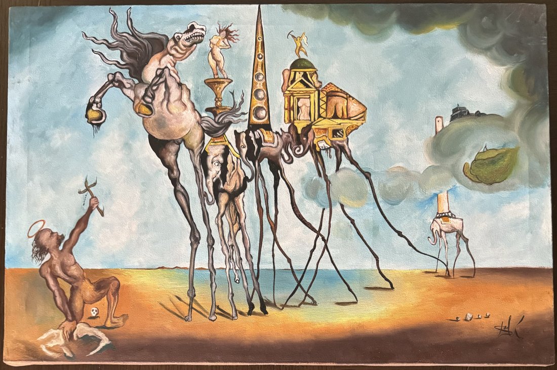 Salvador Dali Oil Painting: Salvador Dali Oil painting on Canvas. Offered as in the manner of Salvador Dali signed and stamped on the back size: 16 x 24 inches
