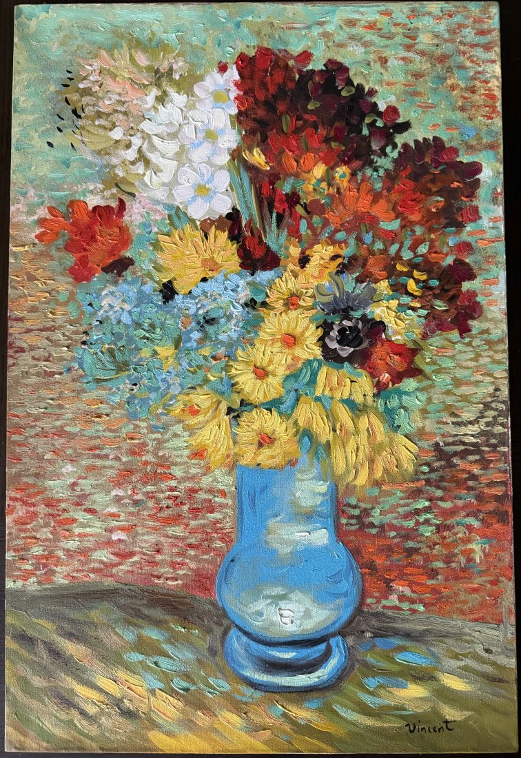 Vincent Van Gogh 1853-1890: Vincent Van Gogh Oil Painting on canvas signed and stamped on the back. This item is being offered as In The Manner Of The Artist or In The Style Of The Artist.