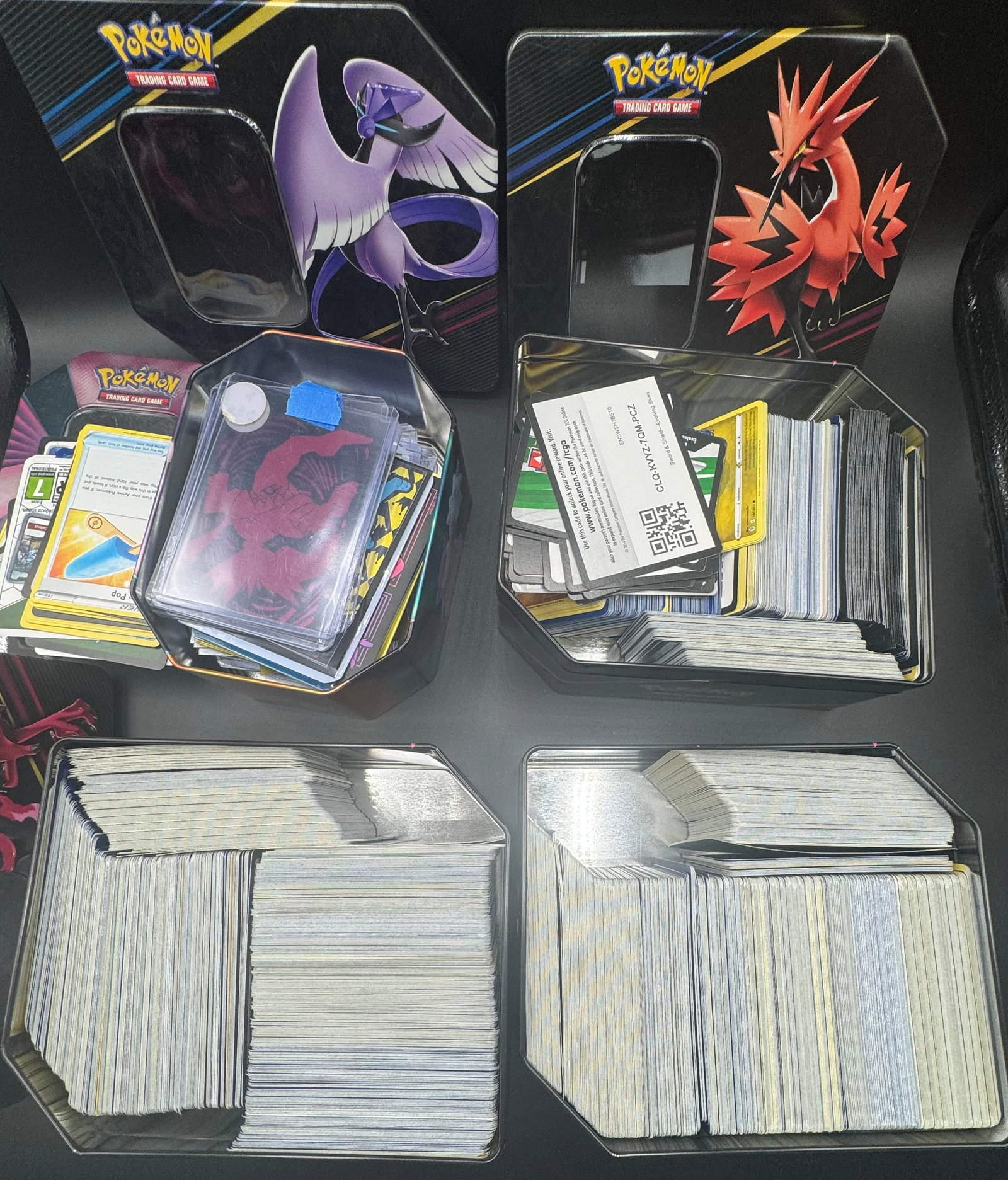 Box With Pokemon Tins And Pokemon Cards: Pokemon Tins And hundreds Of unsorted Of Pokemon Cards in box