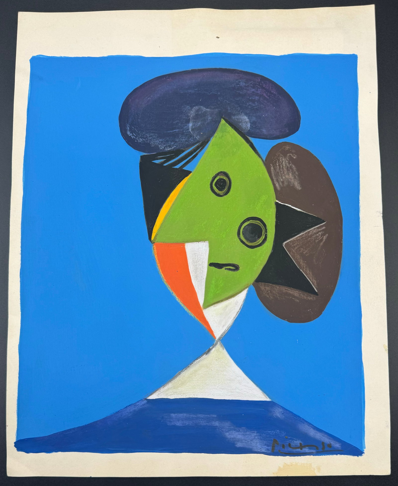 Pablo Picasso Painting: Pablo Picasso, offered this painting in the manner of Pablo Picasso. Hand signed and stamped on the back size: Approx 9x11 inches