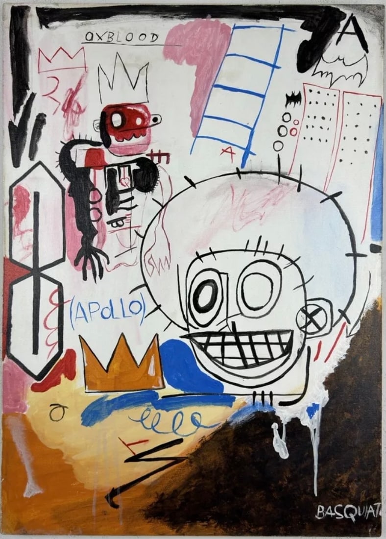 Jean Michel Basquiat Oil Painting: Jean Michel Basquiat Painter. This piece is being offered in the manner or style of the artist. Oil painting on canvas signed on right corner, it has stamp and signature on the back . Approx Size: 20 