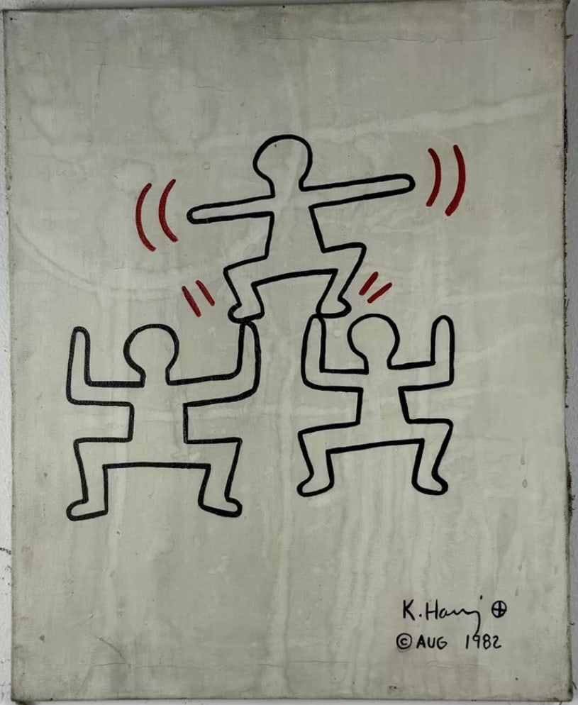 Keith Haring Oil Painting: Keith Haring oil painting on canvas. This piece is being offered in the manner or style of the artist. Oil painting on canvas signed on right lower corner, it has stamp and signature on the back. Appr