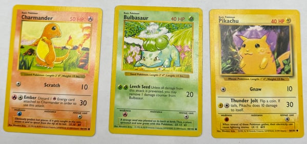 1999 Pikachu, Charmander And Bulbasaur Cards