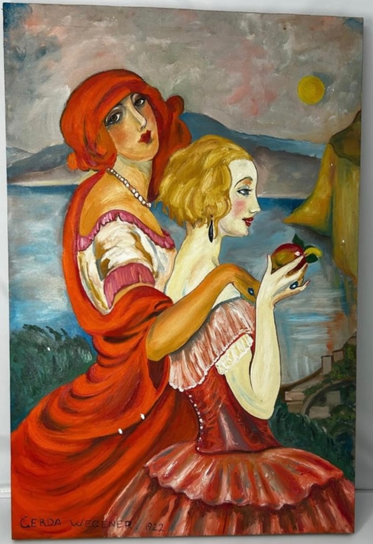 Gerda Wegener Oil Painting: Gerda Wegener Oil Painting on Canvas, signed front and stamped and label on the back. This item is being offered in the manner or style of the artist. Size:20x 24 inches