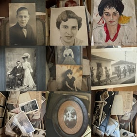 Big Box with Unsorted Antique Photos, Painting And More