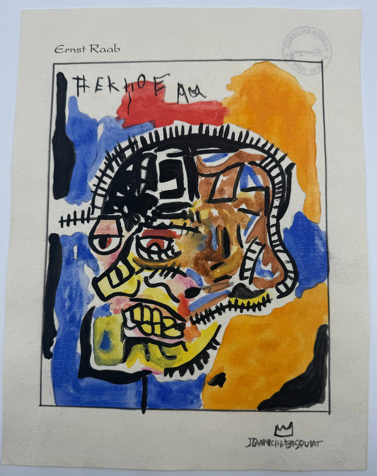 Jean-Michel Basquiat Painting: Jean Michel Basquiat (American, 1960-1988): In the manner of the artist size approx: 8 x 11 inches . Untitled, 1981.painting on paper, signature lower right, dated 1984 and stamped on the back. Basqui