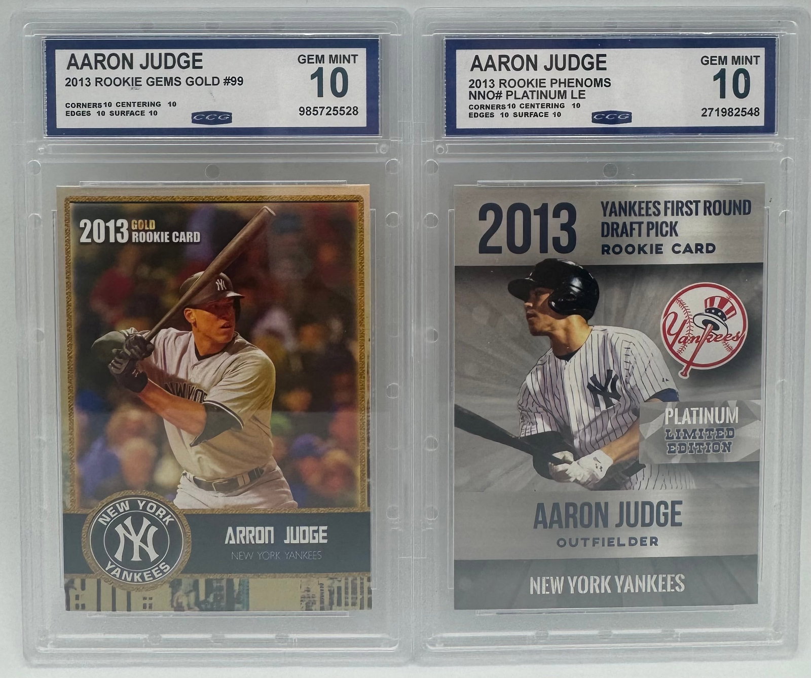 2013 Aaron Judge Rookie Cards: (2) 2013 Phenoms And Gold Rookie Aaron Judge Rookie Cards Mint 10