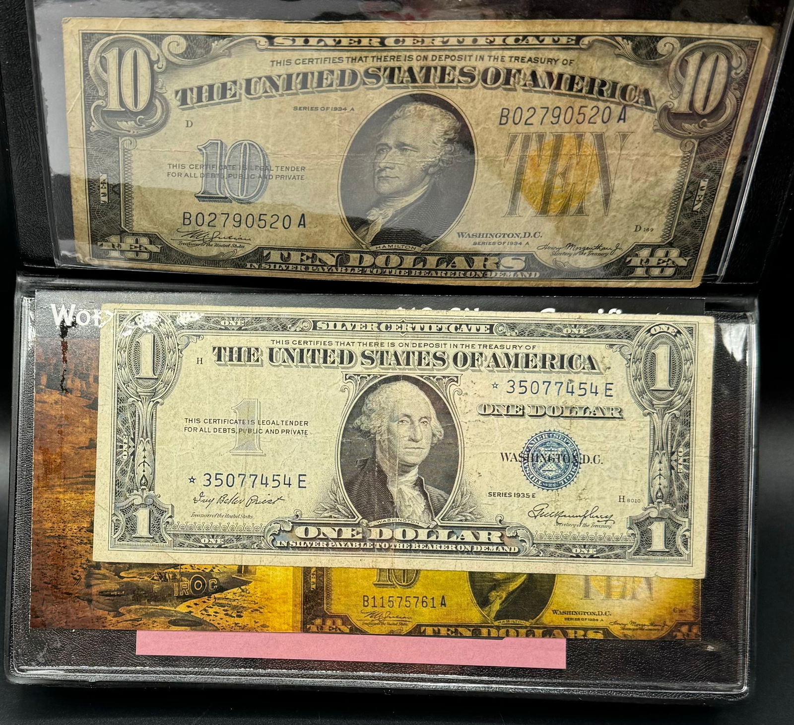 1934 Ten Dollar Silver Certificate Yellow Seal Note And 1935 E One Dollar Blue Seal Note (1 of 2)