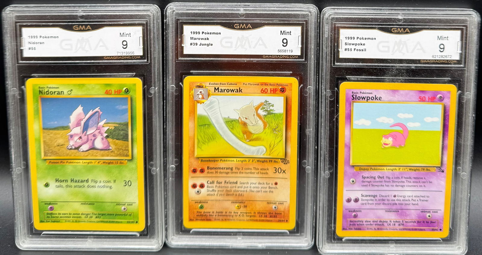 1999 Nidoran , Marowak And Slowpoke Pokemon Cards (1 of 2)