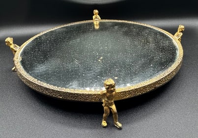 Vintage Gold Gilt Cherub Footed Vanity Tray Mirror