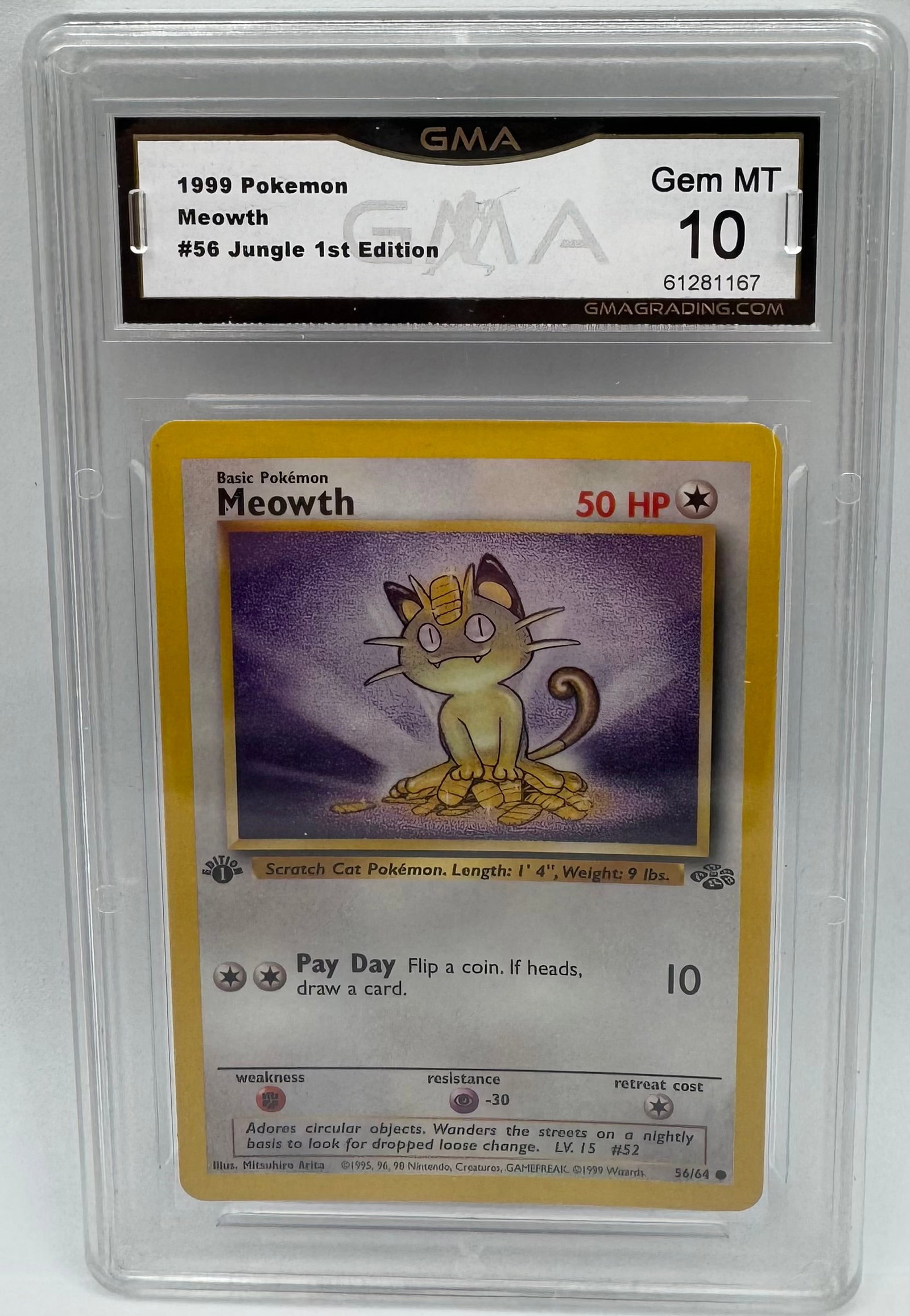 1999 Mewth First Edition Pokemon: 1999 Meowth First Edition Pokemon Card GMA Mint 10 1st edition