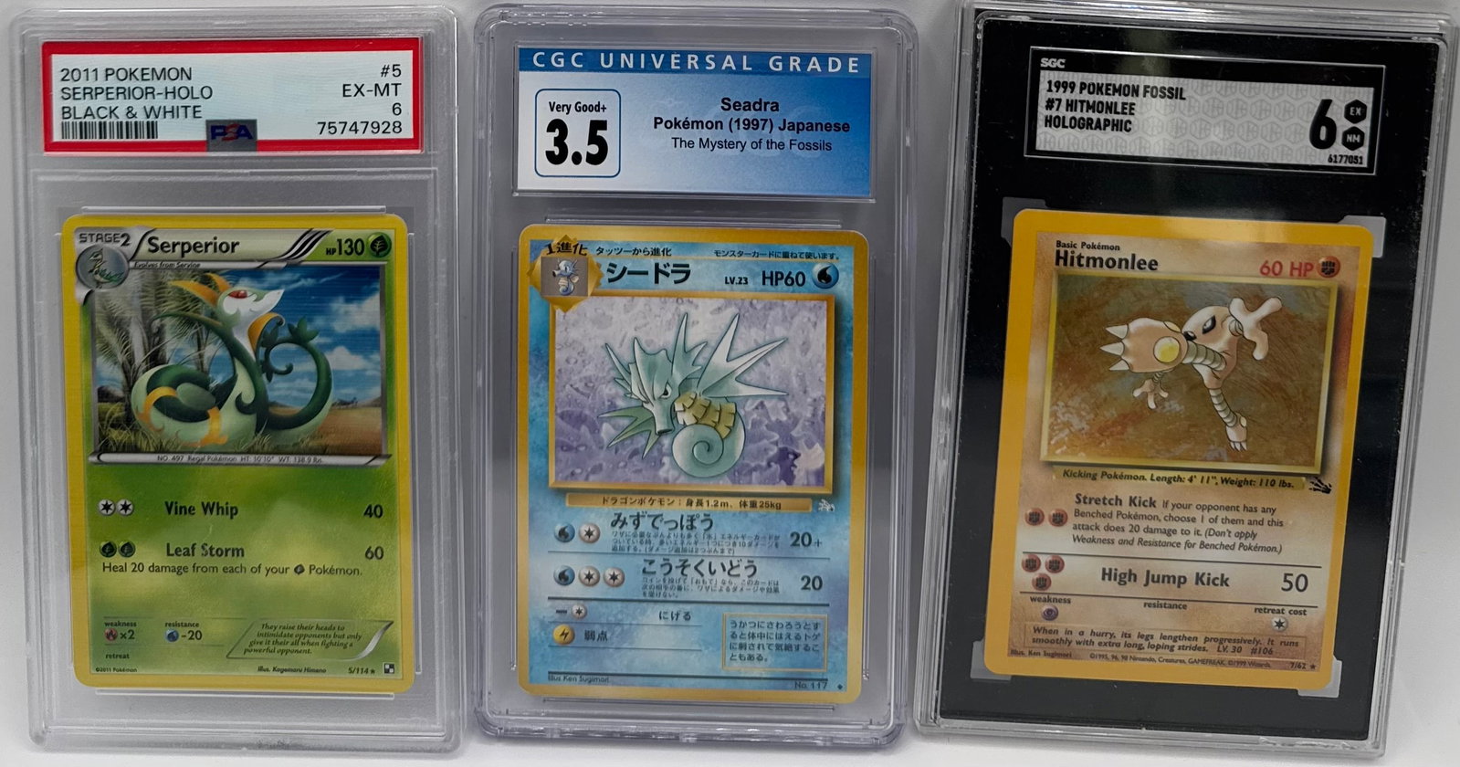 Pokemon Hitmonlee Holo, Serperior Holo and Seadra Cards: 1999 Hitmonlee Holo SGC 6 , 2011 Pokemon Serperior Holo PSA 6 and. 1997 Pokemon Seadra Japanese CGC 3.5