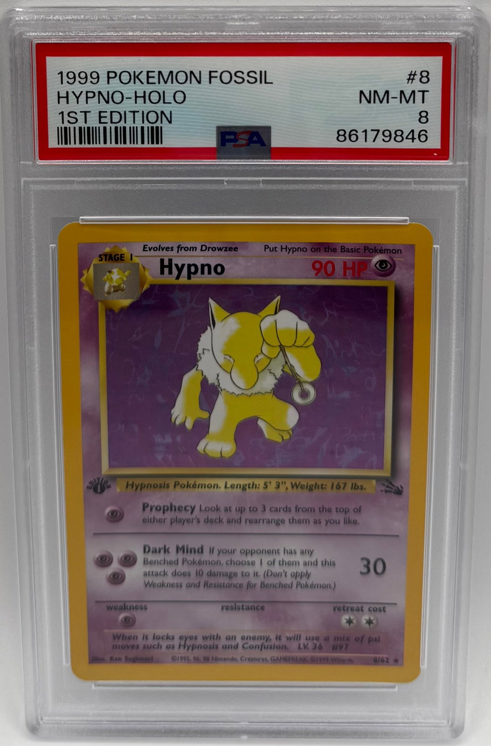 1999 Hypno Holo 1st Edition Pokemon: 1999 Hypno Holo 1st Edition Pokemon Trading Card PSA 8