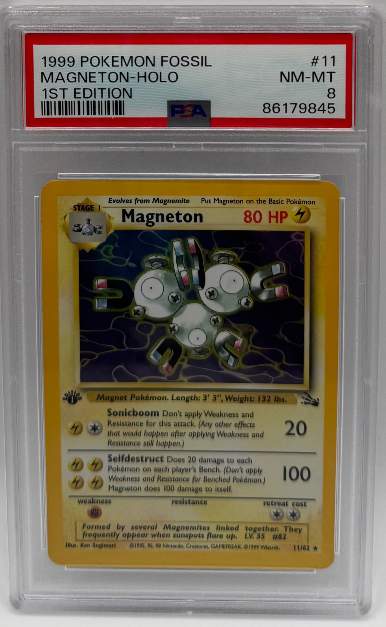 1999 Magnetoh Holo 1st Edition Pokemon: 1999 Magneton Holo 1st Edition Pokemon Trading Card PSA 8