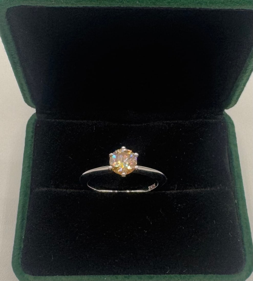 Yellow VVS Ring: 18k White Gold Plated On sterling Silver Moissanite VVS1 Stone Ring Color: D / yellow ish