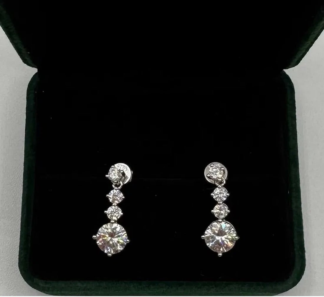 Long VVS Earrings: 18k White Gold Plated On sterling Silver Moissanite VVS1 Stone Earrings Color: D