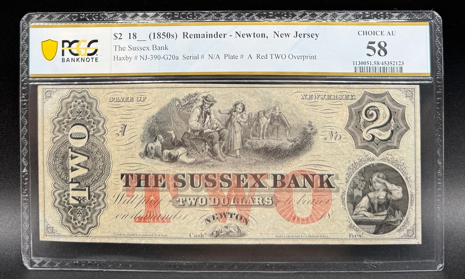 1850 Two Dollar Bill PCGS: 1859s Remainder Newton New Jersey The Sussex Bank Note