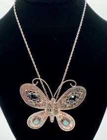 Sterling Silver Vintage Ornate Huge Butterfly Necklace Onyx Turquoise